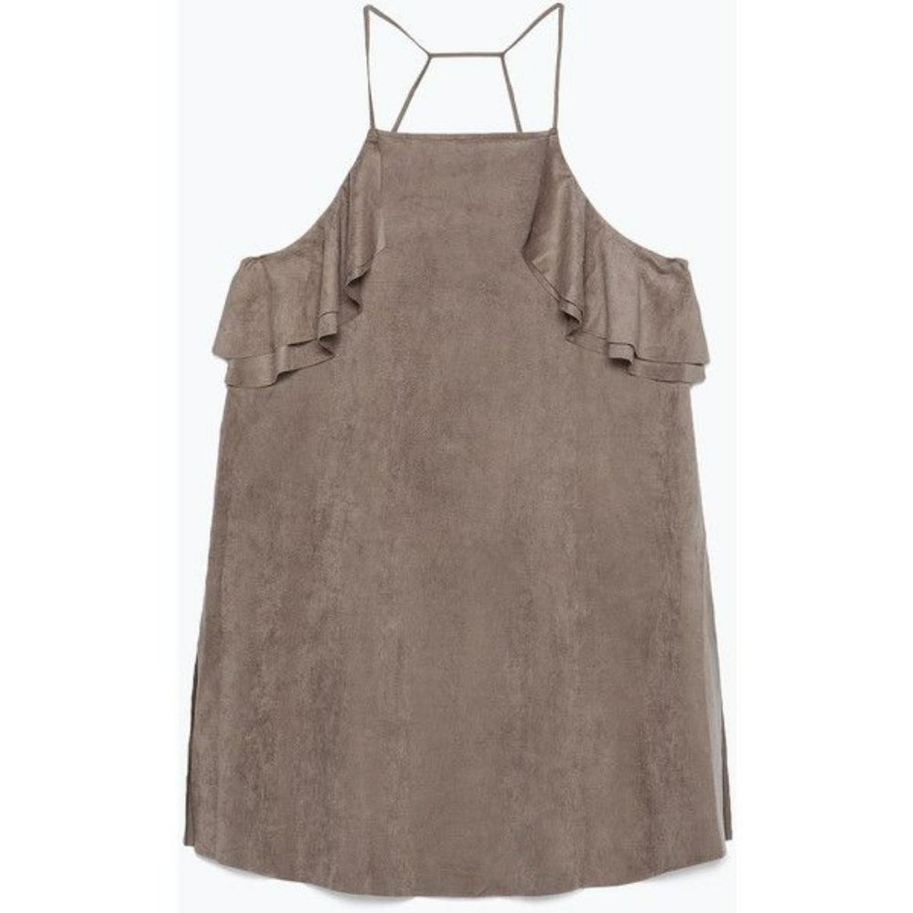 ZARA Olive faux suede thin strap frill tank top S